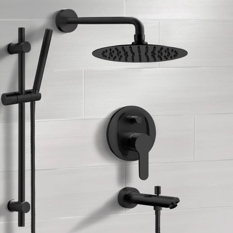Remer TSR52-10 Matte Black Tub and Shower Faucet Set with 10 Inch Rain Shower Head and Hand Shower